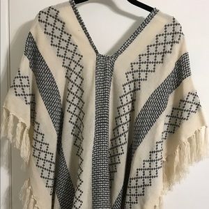 Cream and grey fringed poncho